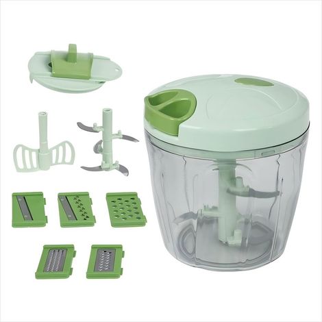 Coupe-légumes manuel avec divers accessoires pour râper, trancher et hacher l'ail ustensile ménager pour la préparation des légumes.
