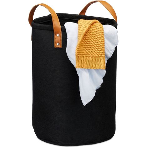Relaxdays cesto de fieltro para ropa, asas PU, 28 L, para habitación infantil o baño, 45 x 30 cm, negro