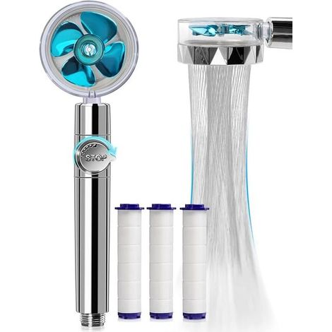 Pommeau de douche à main haute pression avec filtres Vortex Hydro Jet Turbo Propeller 360 degrés rotatif facile à installer (bleu) (1/4)