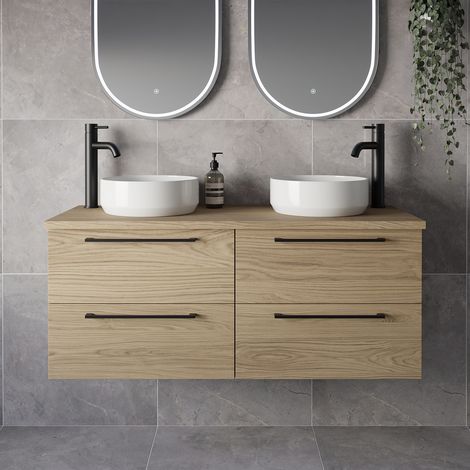 Napoli 460 Light Oak 1200mm Wall Mounted 4 Drawer Vanity Unit for Countertop Basins - 1200mm - Matt Black 320mm Handle