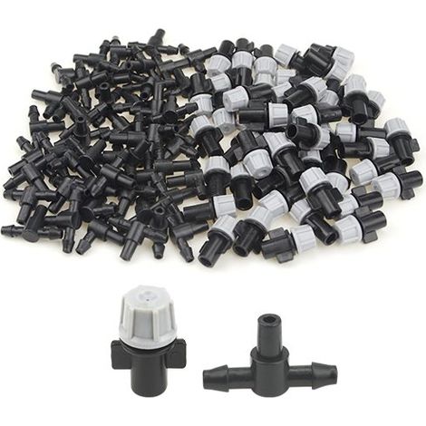 Kit de riego para jardín (100 unidades, 50 pares), goteros nebulizadores ajustables, conexión en T, sistema de riego por goteo para macetas y hortalizas. (1/5)
