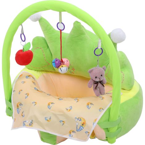 Siège de soutien pour bébé en forme de couronne souple, maintien d'une posture assise confortable, chaise d'apprentissage en peluche avec jouets d'éveil et bavoir vert. (1/5)