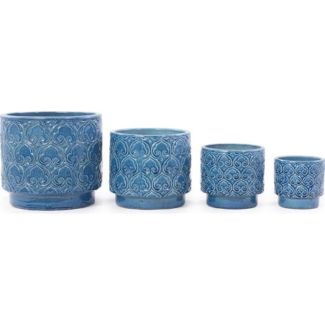 Vaso in ceramica blu lucido Ø19 cm con rilievo floreale a cuore e foro di drenaggio (1/5)