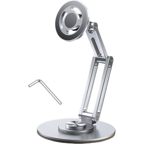 Support magnétique rotatif à 360° pour téléphone de bureau, fixation universelle en métal pour une installation mains libres sécurisée (argenté). (1/4)