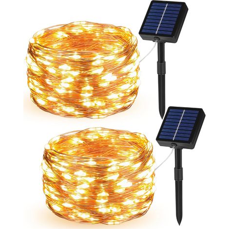Guirlande solaire extérieure 20 m, 200 LED, fil cuivre, minuterie, 8 modes, blanc chaud, lot de 2 (1/5)