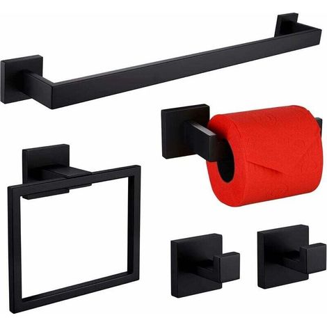 Juego de accesorios de baño de 5 piezas, negro mate, 60 cm, toallero individual y 2 ganchos para toallas, montaje en pared, acero inoxidable SUS 304 -Crezuo