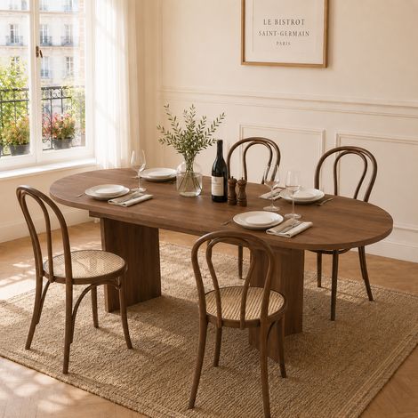 Table à manger extensible 140/180 x 90 cm en MDF finition noyer, plateau épais 18 mm, coins arrondis, pour 4 à 8 personnes. (1/5)