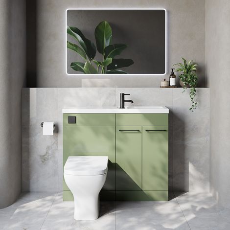 Napoli 250 Olive Green 1000mm 2 Door Vanity Unit Toilet Suite with Square Silvo Basin - 1000mm - Matt Black 160mm HandleWith Kingston Toilet Pan and Seat