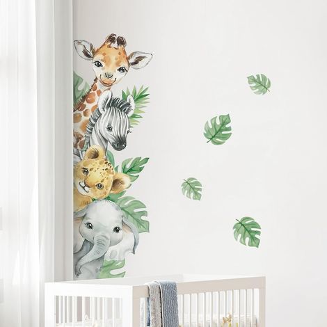 Pegatinas de pared de animales de la selva, jirafa, cebra, hojas verdes, decoración de pared para la habitación del bebé o del niño. (1/4)