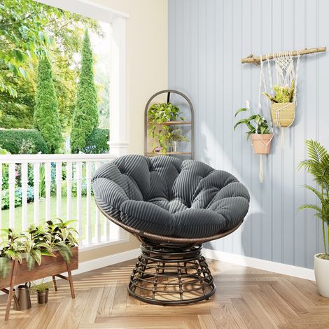 Sillón papasan giratorio 360° con cojín grueso gris, acero y ratán PE DESVIAE (1/5)