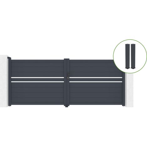 Portail battant 3,5m CIMONE H.140cm alu gris + 2 poteaux 20x20cm H.166cm (1/5)