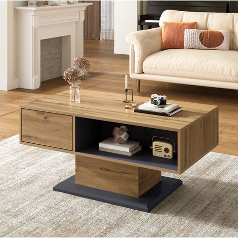Table basse 100x50x46.5 cm gris et bois en panneau de particules avec double rangement et niche intérieure (1/5)