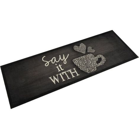 Tapis de cuisine lavable, noir à motif tasses, 60 x 180 cm, en velours (1/5)