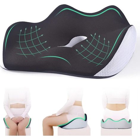 Coussin de Siège en Mousse à Mémoire de Forme - Coussin Chaise Bureau Ergonomique pour Auto Voiture Fauteuil Roulant pour Soulager Douleurs au (Noir) (1/5)