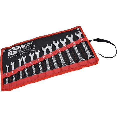 Jeu de 12 clés à cliquet mixtes métriques en acier chrome vanadium 8-19 mm avec sac de rangement, tête fixe