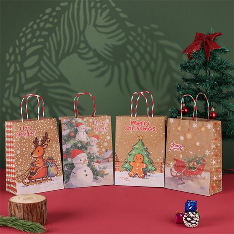 Sac cadeau de Noël en papier kraft 22x27 cm lot de 4 poignées torsadées rouge blanc vert (1/2)