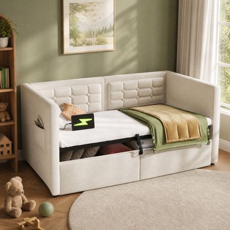 Letto divano 90x200 beige in velluto con USB e contenitore, senza materasso - MEUBLIV (1/5)