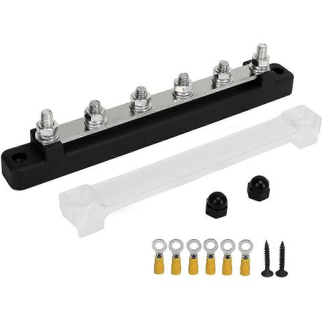 Bornier de distribution électrique à 6 bornes avec couvercle anti-poussière, goujons M6, 12 V à 48 V CC, 150 A, pour voitures, bateaux et camping-cars, noir. (1/5)