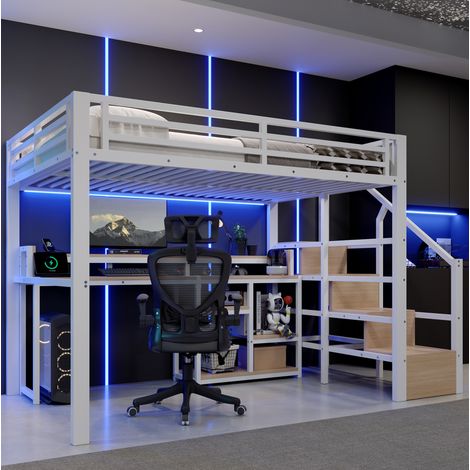 Hochbett 140x200cm Weiß mit Leiterschrank, USB-C & LED-Licht – Jetzt Stauraum & Romantik für Ihr Kinder- oder Jugendzimmer (1/5)