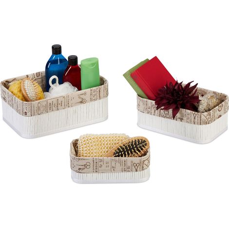 Relaxdays Set 3 Cestas de Almacenaje, Cajas Organizadoras Bambú, Cajitas Baño o Pañuelos, Funda de Tela, Blanco y Beige