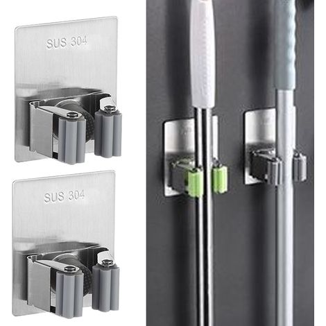 Lot de 2 supports de balai/serpillère en acier inoxydable, fixation murale sans perçage, pour la maison, la salle de bain, la cuisine, le jardin et le garage. (1/5)
