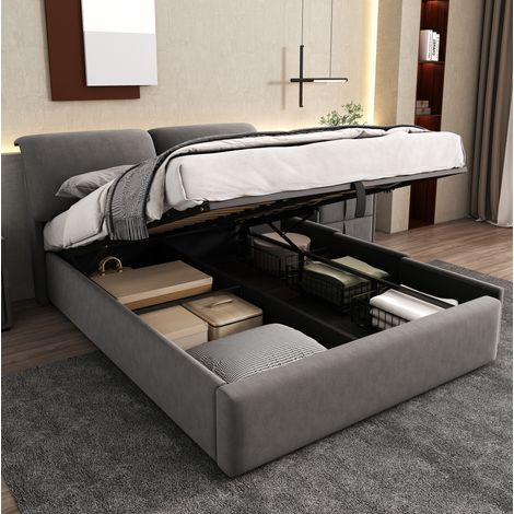 Cama con almacenamiento 140x200 cm con 3 cajones y apertura hidráulica, en terciopelo, gris, sin colchón (1/5)