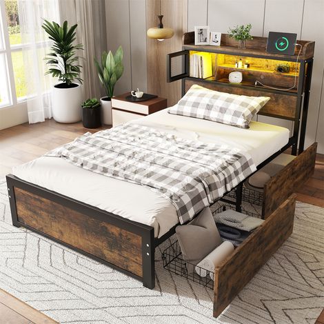 Multifunctional Smart Bed with LED Lights, 2 Drawers & USB Ports Space-Saving Metal Storage Bed Frame Sturdy Iron Bed for Teenagers & Adults, 3FT Single Bed 90x190cm (1/5)