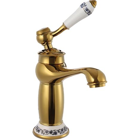 Rubinetto per lavabo da bagno, stile vintage, struttura in ottone resistente, colore oro. (1/2)