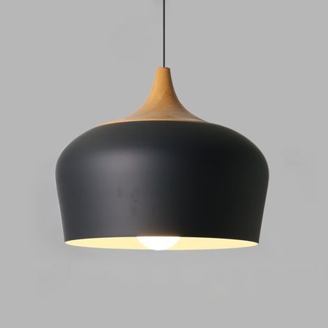 Lustre moderne en bois et métal, lustre de salon rond de 30 cm, lumière chaude LED 15 W gratuite, plafonnier, chambre, salle à manger, lampe de couloir, noir