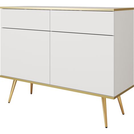 Commode Banff KSZ107 - Blanche - Pieds dorés - 2 tiroirs - Largeur 107 cm, Hauteur 85 cm, Profondeur 39 cm (1/4)