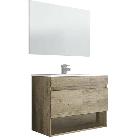 Mobile sottolavabo Enio, Mobiletto per bagno a 2 ante, Armadietto sospeso con ripiano e specchio, lavabo non incluso, 80x45h64 cm, Quercia (1/5)