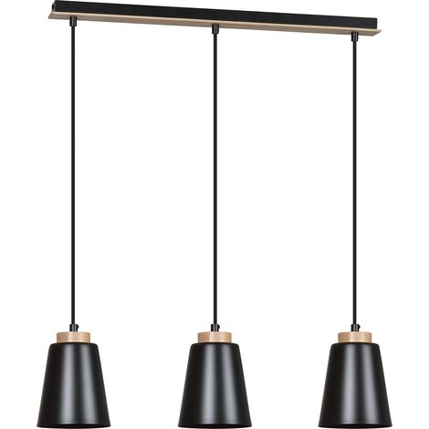 Lampadario 3 Luci Bolero Con Paralumi A Cono In Acciaio Nero E Legno Naturale (1/5)