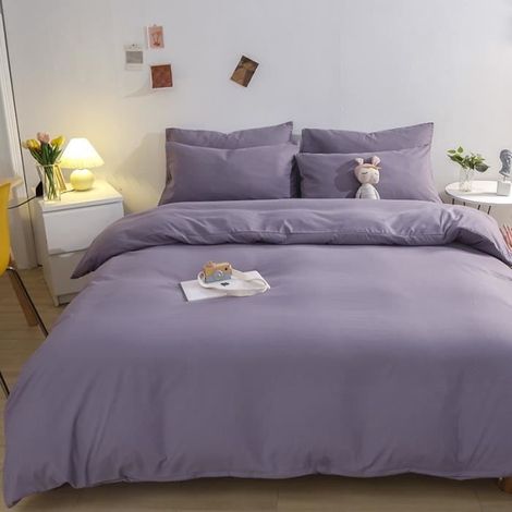 Parure de drap en Coton lavé - Parure de lit 4 Pcs avec 2 Taies d'oreiller, 1 Drap, 1 Housse de Couette - 200x230cm - Violet (1/3)