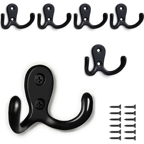 Lot de 6 crochets doubles en métal avec vis pour suspendre vêtements, chapeaux, serviettes, clés, ustensiles de cuisine, pour salon, chambre à coucher, salle de bain, cuisine (noir) (1/5)