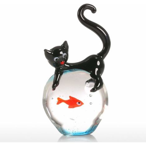 Tomfeel Cat and Goldfish Glass Sculpture Paperweight Object Cat Crystal Figurine Handmade Statue Animal Figurines Decorative Glass Ornaments Living Room Birthday Gift Christmas Gift (1/5)