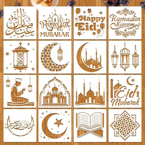 Lot de 16 pochoirs réutilisables en plastique pour l'Aïd Mubarak, décorations de l'Aïd musulmane pour maison, fenêtre, décoration murale (1/5)