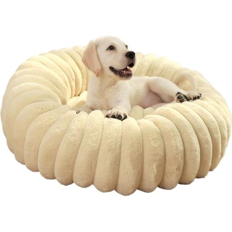Lit rond pour chat et chien en tissu doux beige de 50 cm de diamètre, lit extra large pour chat, lit chaud pour chien d'hiver (1/5)