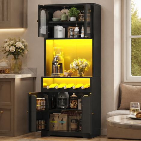 Credenza alta da cucina 70 x 38,3 x 180 cm con LED RGB, portabottiglie, nera DESVIAE (1/5)