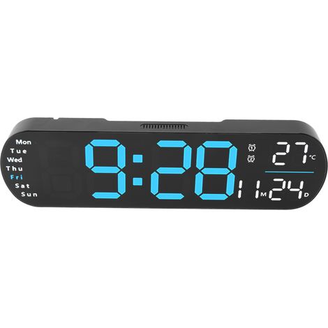 Horloge murale numérique avec télécommande, grand écran LED, 8 couleurs d'éclairage réglables, alarme numérique pour salon et chambre (bleu). (1/5)