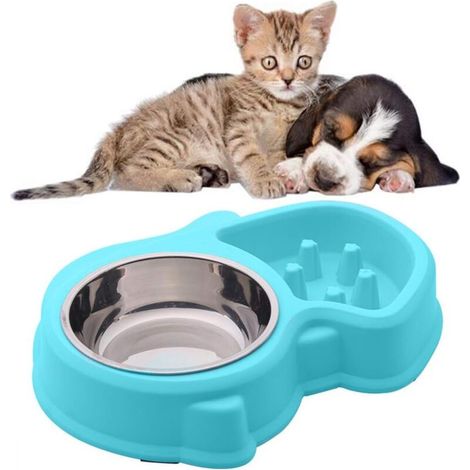 Double water and food bowl, 1 stainless steel bowl and 1 food bowl for cats and small dogs (blue) (1/5)