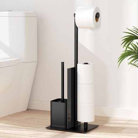 Porte Papier Toilette avec Brosse WC - Porte Rouleau Debout en Acier Inoxydable, Dérouleur Papier Aucun Perçage Requis avec Verre (Noir Mat) (1/5)