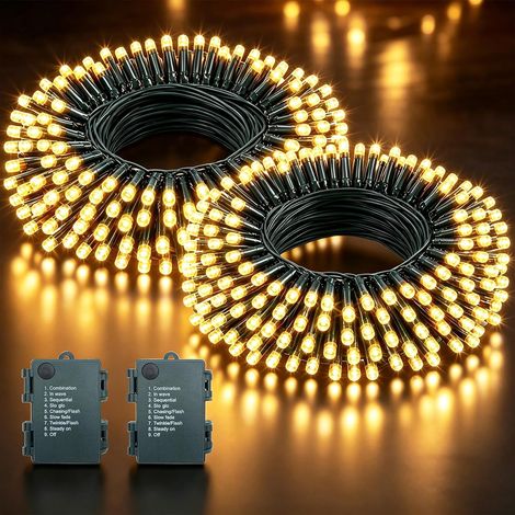 Guirlande Lumineuse Exterieure Intérieur 10m/100LEDs Pile Guirlande Lumineuse Sapin Guirlande led par 8 Modes, Minuterie, IP44 Étanche, Guirlande Noel par Chambre, Mariage, 2 Pièces, Blanc Chaud (1/5)