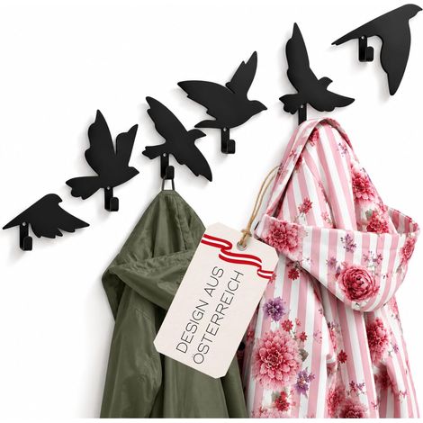 Lot de 6 crochets muraux - Noir - Motif oiseaux - Crochet mural design en acier inoxydable pour le couloir - Porte-manteau mural stable avec montage à vis - Charge maximale : 5 kg (1/5)