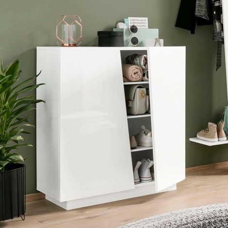Étagère à chaussures Joel, Armoire polyvalente avec 2 portes, Étagère à chaussures d'entrée, 80x38h86 cm, Blanc brillant (1/5)