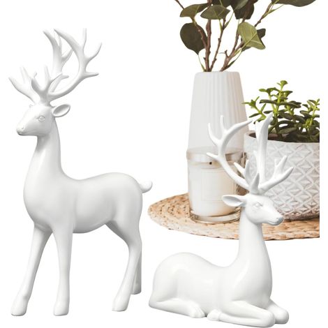 Statuettes de Rennes 2 Pièces De Décorations De Cerfs pour Noël Sculpture d'Élan de Bureau Pour Noël Salon Bureau Étagère Cheminée Entrée Table À Manger (1/5)