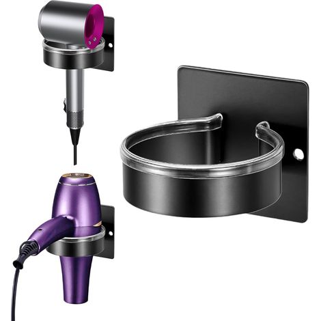 Soporte negro autoadhesivo para secador de pelo, para montaje en pared, no requiere taladrar, ideal para baños, hoteles o salones de belleza profesionales.