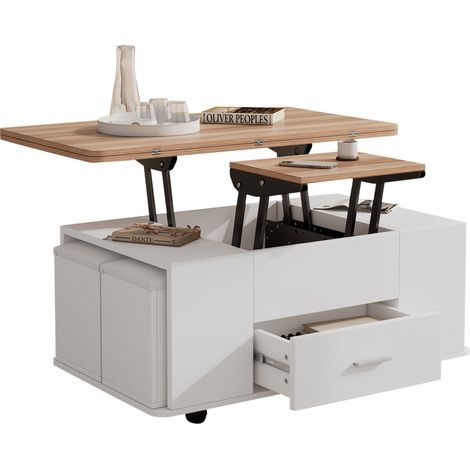 Table basse relevable convertible 4-en-1 avec 4 tabourets, tiroir silencieux, rangements cachés et roulettes freinées, idéale petit salon, blanc et bois clair  CHICFURN (1/5)