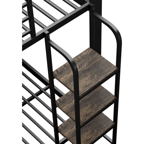 Lit 90x200 cm, mezzanine en métal avec échelle en bois et étagère, lit superposé robuste pour enfant et ado, noir, double couchette stable (1/5)
