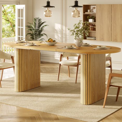 Table à manger extensible 120x80 cm jusqu' à 160x80 cm, piètement à reliefs verticaux, bords arrondis, rallonge intégrée, MDF+Metal, finition bois (1/5)