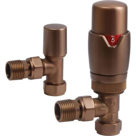 Signature Round Thermostatic Angled Radiator Valves Pair - Brushed Bronze